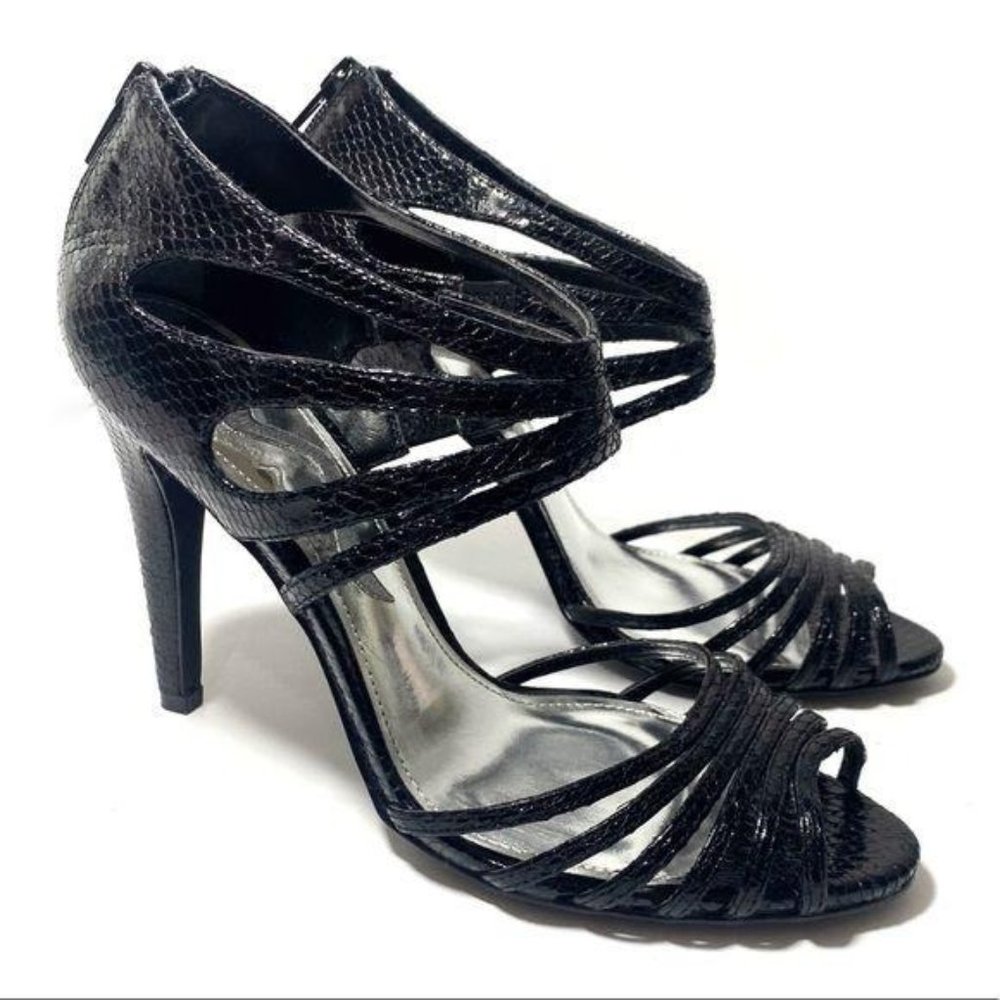 Nina Black Reptile Embossed Print Open Toe Strappy Heels Sz 7 M